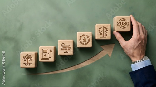 Businessman Hand Arranging Wooden Blocks with ESG Icons and 2030 Target