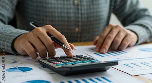 Closeup of a person using a calculator and pen for financial analysis and data