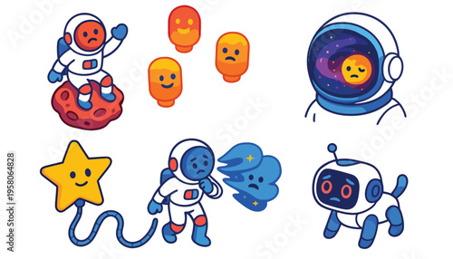 Astronaut cartoon characters in space with robots and emoticons illustration