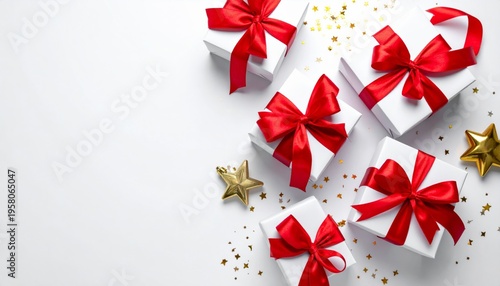 A surprise gift box wrapped in red paper with a festive gold ribbon and bow makes a perfect present for a Christmas or birthday celebration isolated on a holiday background