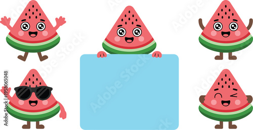 Cute watermelon slice character with a funny smiling face, playful cartoon fruit illustration for summer, kids, and healthy snack design