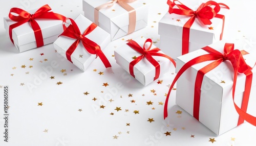 A surprise gift box wrapped in red paper with a festive gold ribbon and bow makes a perfect present for a Christmas or birthday celebration isolated on a holiday background