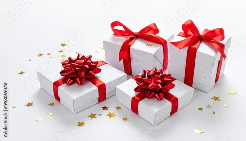 A surprise gift box wrapped in red paper with a festive gold ribbon and bow makes a perfect present for a Christmas or birthday celebration isolated on a holiday background