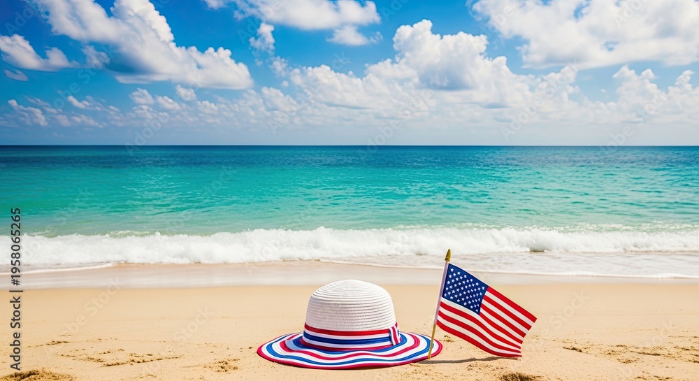 Obraz premium Patriotic beach scene with american flag and striped hat