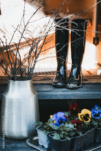 Gardening scene with vase of branches, rubber boots and pansies