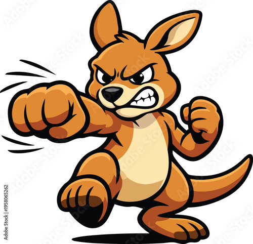 Angry cartoon kangaroo mascot throwing a powerful boxing punch