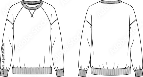 Sweatshirt technical drawing, fashion flat sketch, vector illustration, front and back view, crew neck pullover, raglan sleeves, apparel template, casual wear design, white background.