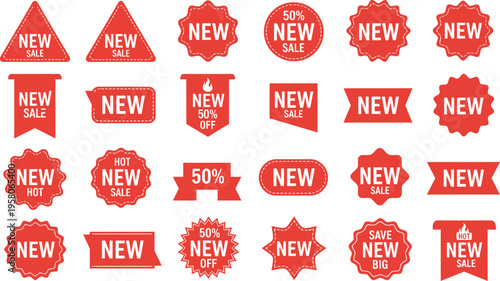 A collection of red vector sale labels and new arrival tags for marketing and retail promotions