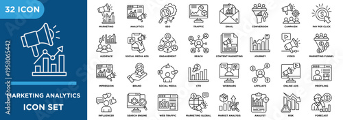 Marketing analytics  outline icon set featuring seo, traffic,campaign,marketing global, market analysis, and forecast 