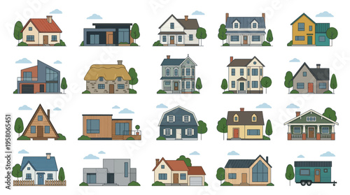 Collection of diverse residential houses and modern home architectural designs, depicting various styles and building types