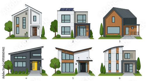 Collection of diverse modern residential house designs featuring unique architectural styles and sustainable elements