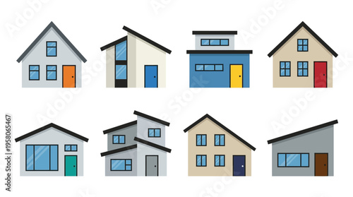 Collection of various modern architectural house designs with clean lines and geometric shapes