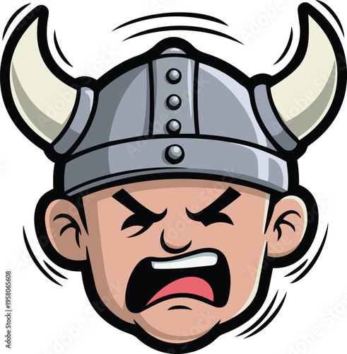Angry cartoon viking head mascot wearing a horned helmet