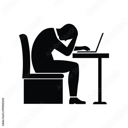 Silhouette of a person sitting at a desk with a laptop looking stressed