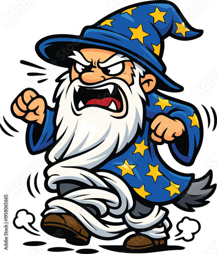 Angry cartoon wizard mascot with a starry hat and long beard