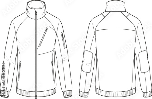 Technical activewear jacket design template vector, sports performance outerwear mockup with front and back view, black white apparel flat sketch