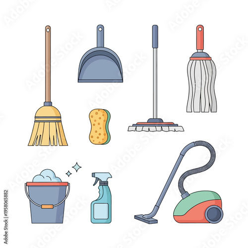 Collection of cleaning tools and supplies, vector illustration, isolated on white background