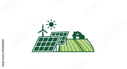Sustainable farm with solar panels and wind turbine.