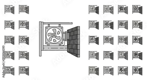 Detailed architectural drawing of a building ventilation system with multiple fans.