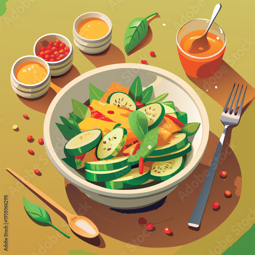 Colorful vegetable salad with dressings.