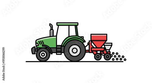 Tractor seeding with red fertilizer spreader.