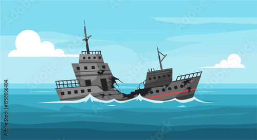 A detailed illustration of a large, grey shipwreck broken in two, partially submerged in the deep blue ocean under a clear sky.
