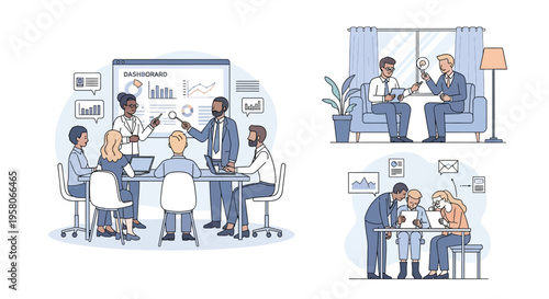 Diverse business team collaborating in modern office meeting and discussion scenarios.