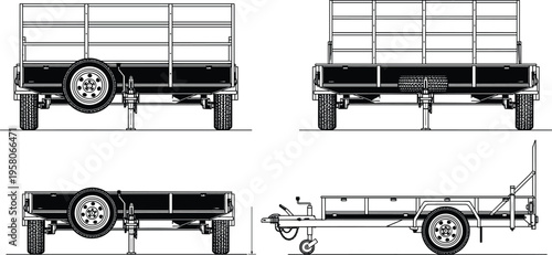 Technical Blueprint Illustration of Utility Trailer Including Side View Front View and Rear View Perspectives for Cargo Transport and Hauling