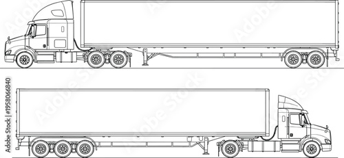 Technical drawing of a semi-trailer truck with cargo container, side view vector illustration for logistics and commercial transport industry,