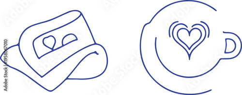 Simple illustrations of a gift wrapped item and a heart-shaped coffee cup with steam