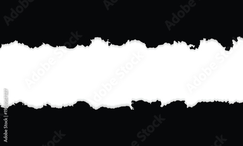 Realistic horizontal ripped black paper edge border with white copy space and ragged texture for creative website banner and advertisement