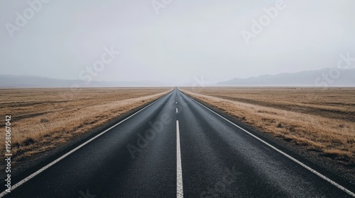 Long straight road in the middle of a dry desolate landscape, white overexposed sky and empty terrain, modern minimal composition with space for text