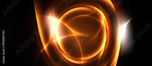 Bright orange abstract lines form circular shapes. Light radiates from center, creating dynamic visual effect. Dark background emphasizes luminosity.