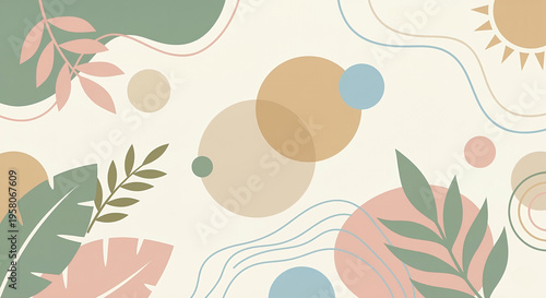 A minimalist abstract illustration features a soft color palette of beige, blush pink, sage green, and light blue. 
