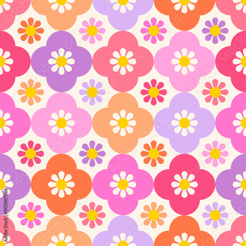 Colorful geometric flower seamless pattern design for spring season background.