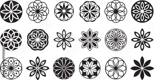 Collection of various black and white floral designs on white background