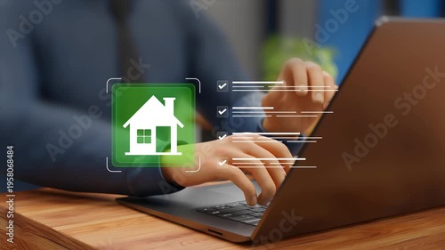 Real Estate Checklist Management Concept. Digital Checklist Property Evaluations, Housing Investment Strategies Efficiently. Business Professional Analyze Real Estate Value on Laptop. 4K 3D Video