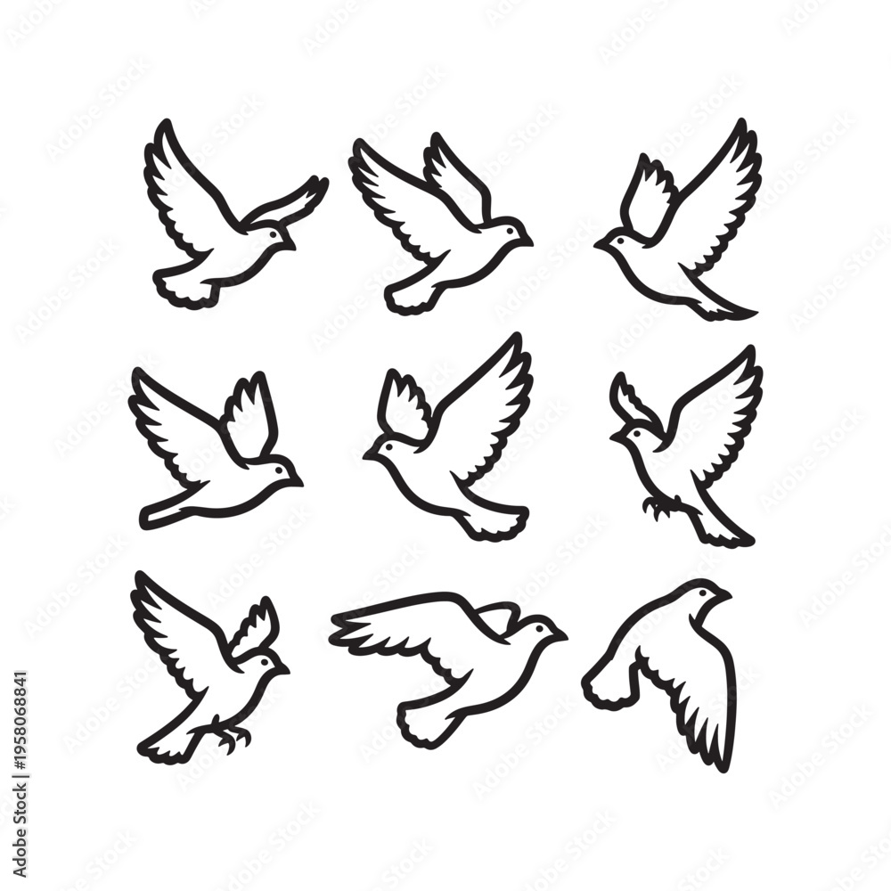 Fototapeta premium Flying Dove Bird Outline Vector Set | Peace Freedom Line Art Icons