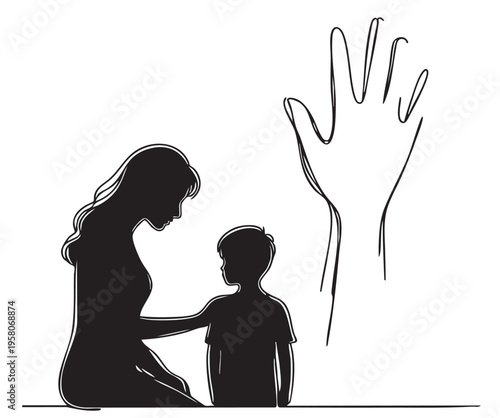 Woman and child, refugees. Mother with baby Sketching. Violence concept