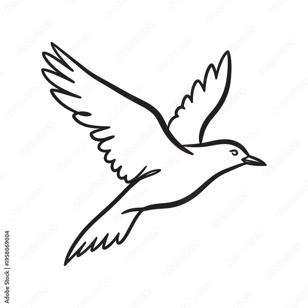 Fototapeta premium Minimal Flying Bird Line Art Vector, Elegant Dove Outline Illustration Symbol of Freedom and Peace