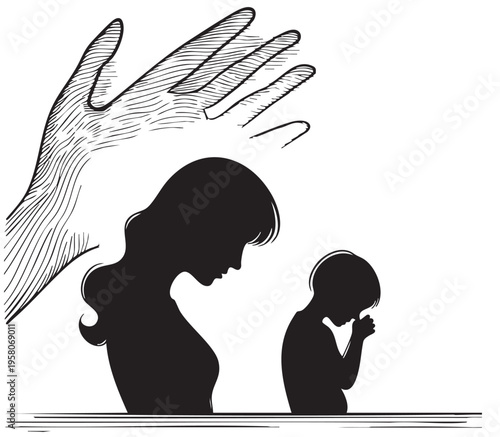 Woman and child, black and white. Mother with baby Sketching. Violence concept