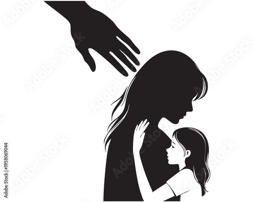 Woman and child, black and white. Mother with baby Sketching. Violence concept