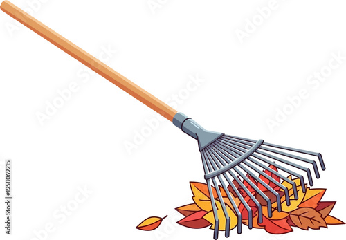 A garden rake with a wooden handle and metal tines, gathering a pile of colorful autumn leaves on a white background.