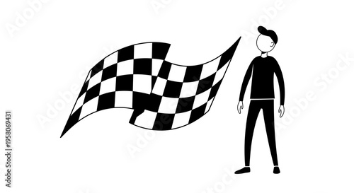 Waving Checkered Flag with Character Illustration