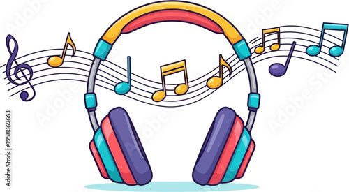 Colorful cartoon headphones with musical notes and staff illustration.