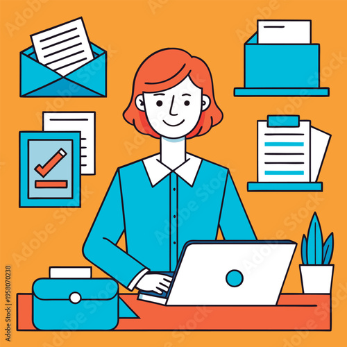 Happy businesswoman working on laptop.