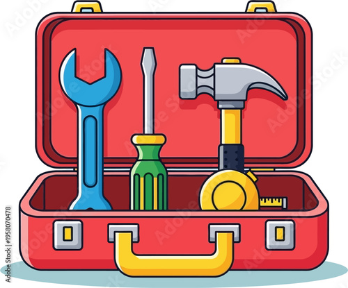 Red suitcase with tools inside open