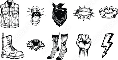 Hand Drawn Punk Rock Clothing and Fashion Accessories Set