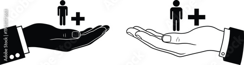 Two hands holding a human icon and a plus sign representing the concept of recruitment and growth