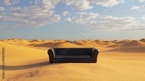 Surreal 3D scene of a single modern couch placed in the middle of vast desert sands, immersive entertainment atmosphere with cinematic lighting